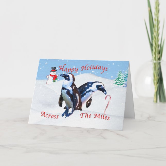 Cartão De Festividades Christmas Across the Miles, Penguins in Snow (Frente)