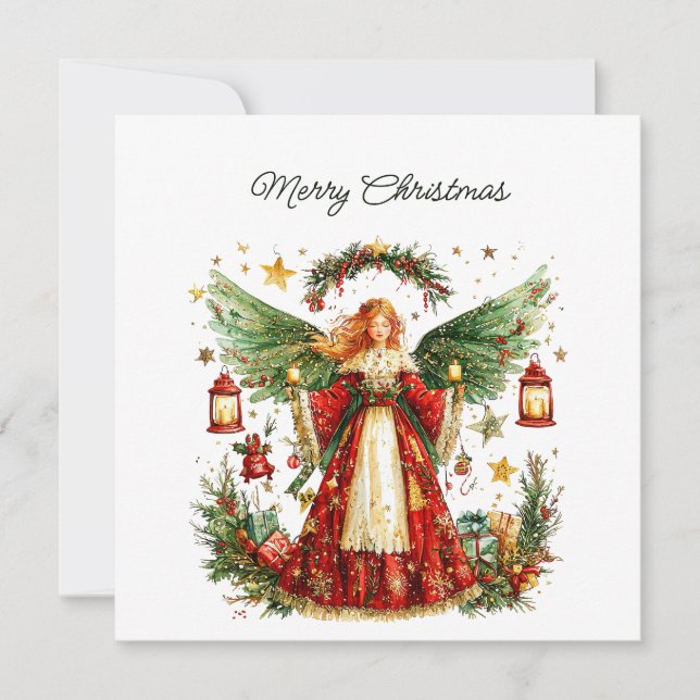 Cartão De Festividades Christmas Angel & Winter berries, Customisable (Frente)