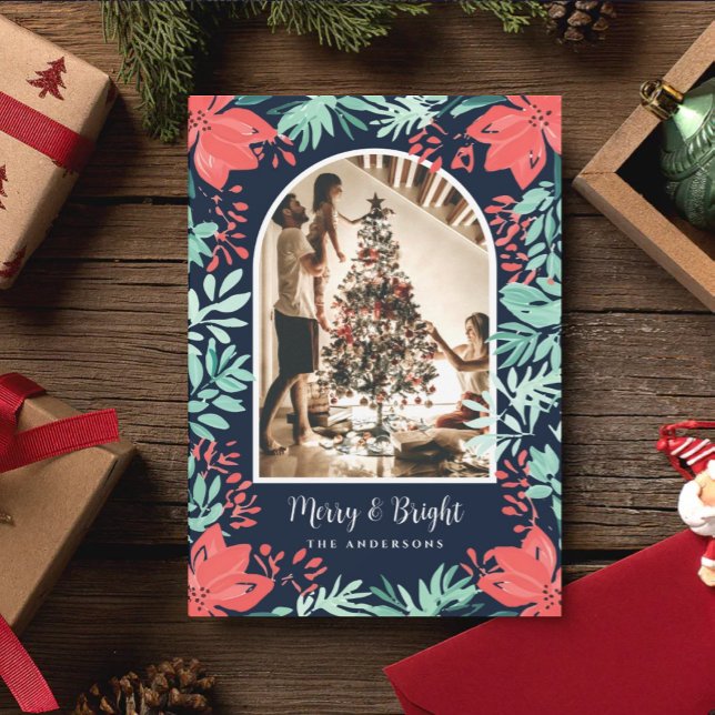 Cartão De Festividades Christmas Arch Photo Botanical Red Floral Blue (Criador carregado)