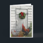 Cartão De Festividades Christmas Barn Door  Christmas Card<br><div class="desc">Stunning Black Copper Marans Rooster strutting his stuff in front of old white wash barn.</div>