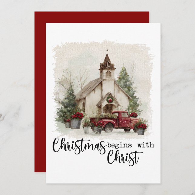 Cartão De Festividades Christmas Begins With Christ Rustic Red Truck (Frente/Verso)