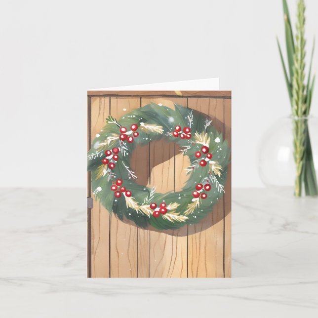 Cartão De Festividades Christmas Berry Wreath | Feliz Russo da Aquarela (Frente)
