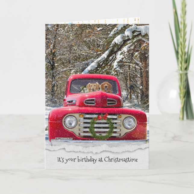 Cartão De Festividades Christmas birthday-retriever dogs in retro truck (Frente)