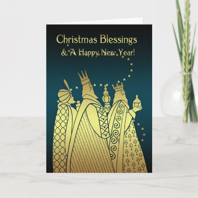 Cartão De Festividades Christmas Blessings - Three Wise Men - Gold Effect (Frente)