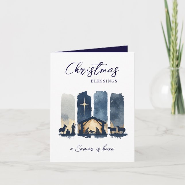 Cartão De Festividades Christmas Blessings Watercolor Nativity Scene (Frente)
