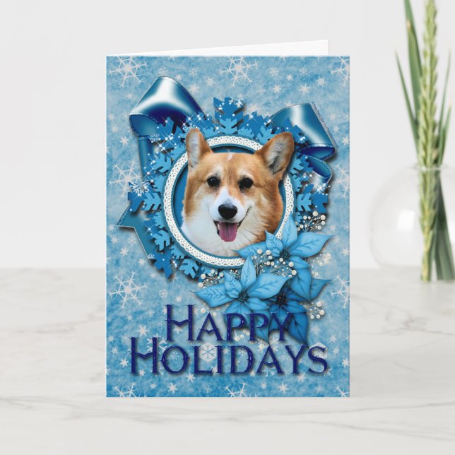 Cartão De Festividades Christmas - Blue Snowflake - Corgi - Owen (Frente)