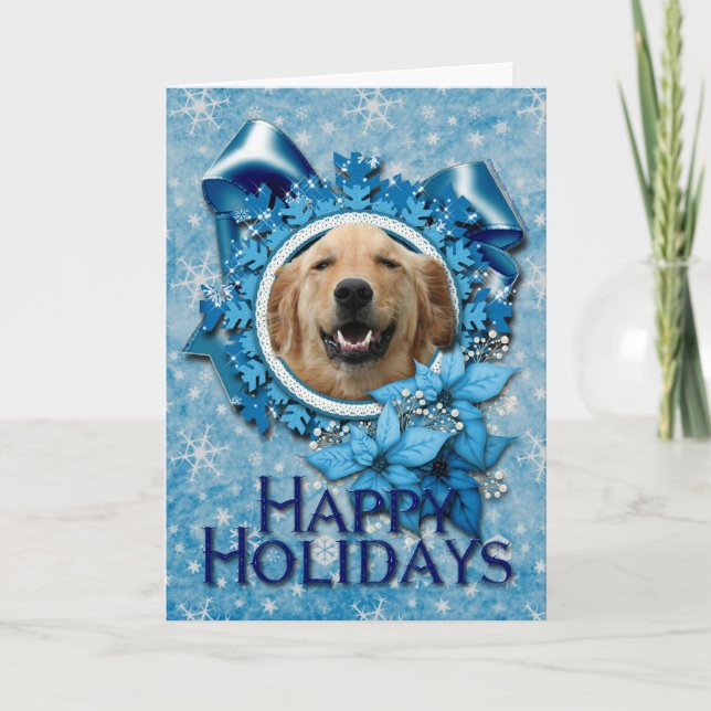 Cartão De Festividades Christmas - Blue Snowflake - Golden Retriever (Frente)