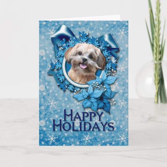 Cartão De Festividades Christmas - Blue Snowflake - ShihPoo - Maggie (Frente)