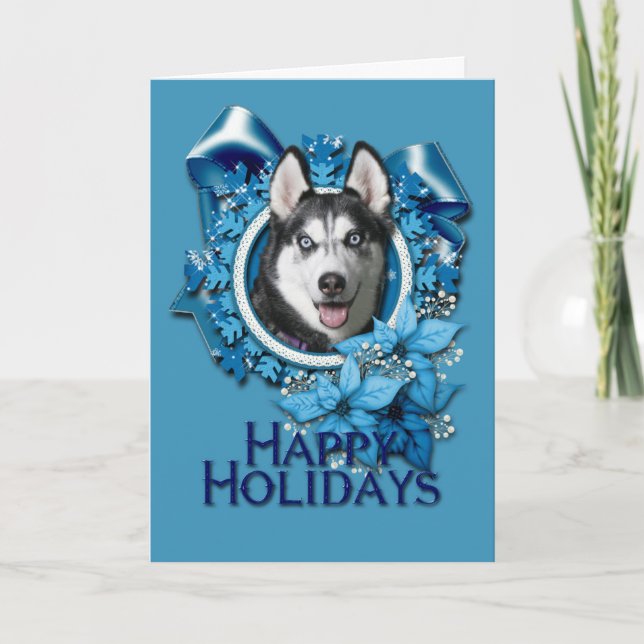 Cartão De Festividades Christmas - Blue Snowflakes - Siberian Husky (Frente)