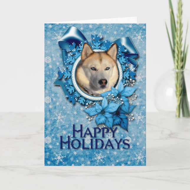 Cartão De Festividades Christmas - Blue Snowflakes - Siberian Husky (Frente)