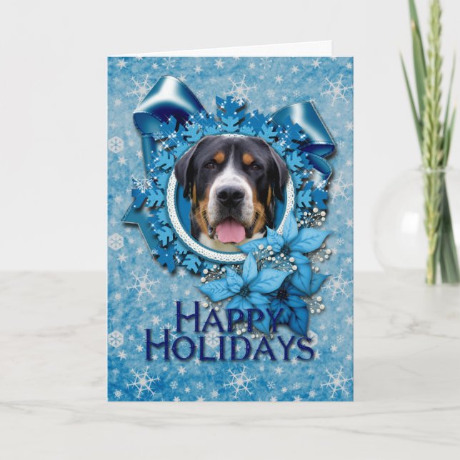 Cartão De Festividades Christmas - Blue Snowflakes - Swiss Mountain Dog (Frente)