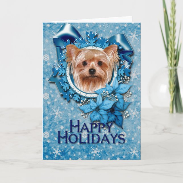 Cartão De Festividades Christmas - Blue Snowflakes - Yorkshire Terrier (Frente)