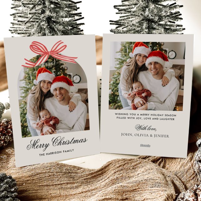 Cartão De Festividades Christmas Boho Red Bow Ribbon 2 Photo (Criador carregado)