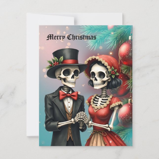 Cartão De Festividades Christmas Bone Romance, A festive skeleton couple. (Frente)