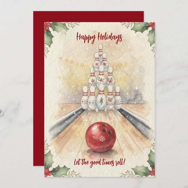Cartão De Festividades Christmas Bowling Holiday Greeting Cards (Frente/Verso)