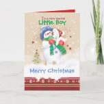 Cartão De Festividades Christmas, Boy, Snow Child and Puppy,<br><div class="desc">A sweet Christmas card for a young boy. It features an adorable little snow child hugging a cute snow puppy. He is wearing a blue hat, green scarf and red gloves while his puppy is wearing a Santa hat. Snow is falling around them and a decorative Christmas border trims the...</div>