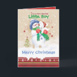 Cartão De Festividades Christmas, Boy, Snow Child and Puppy,<br><div class="desc">A sweet Christmas card for a young boy. It features an adorable little snow child hugging a cute snow puppy. He is wearing a blue hat, green scarf and red gloves while his puppy is wearing a Santa hat. Snow is falling around them and a decorative Christmas border trims the...</div>