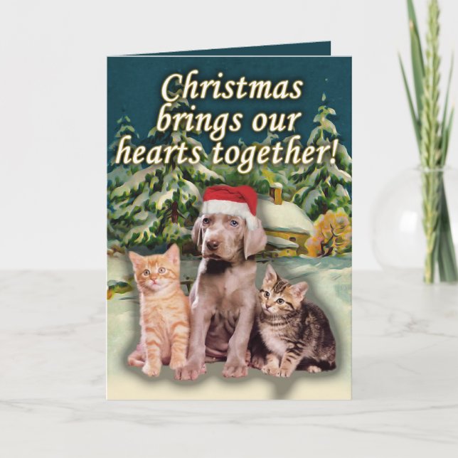 Cartão De Festividades Christmas Brings Our Hearts Together, Puppy Kitten (Frente)