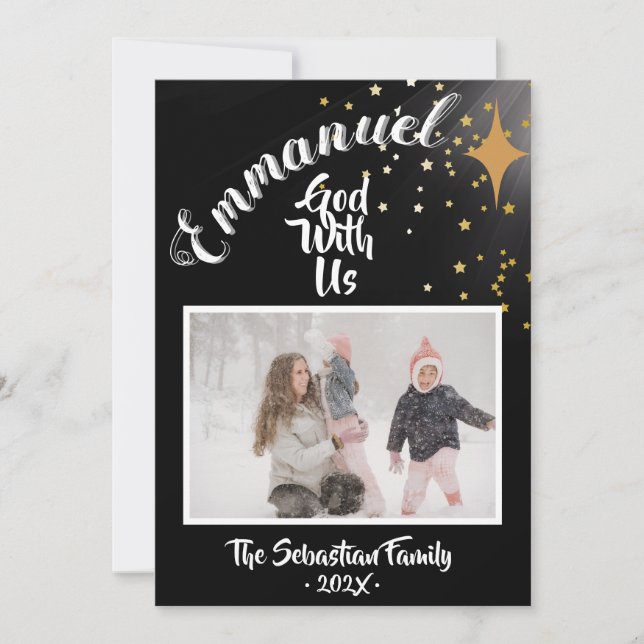 Cartão De Festividades Christmas Card Black Gold Emmanuel God With Us (Frente)