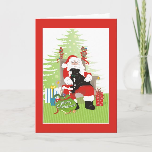 Cartão De Festividades Christmas Card - Black Pit Bull Dog on Santa's Lap (Frente)