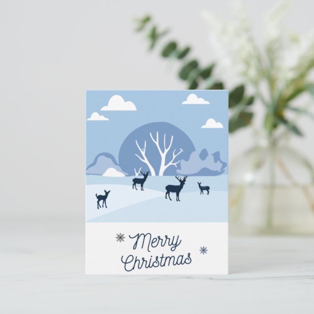 Cartão De Festividades Christmas Card Blue Deer in Winter (Em pé/Frente)