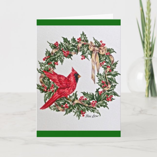 Cartão De Festividades Christmas card, Christmas Wreath with Red Cardinal (Frente)