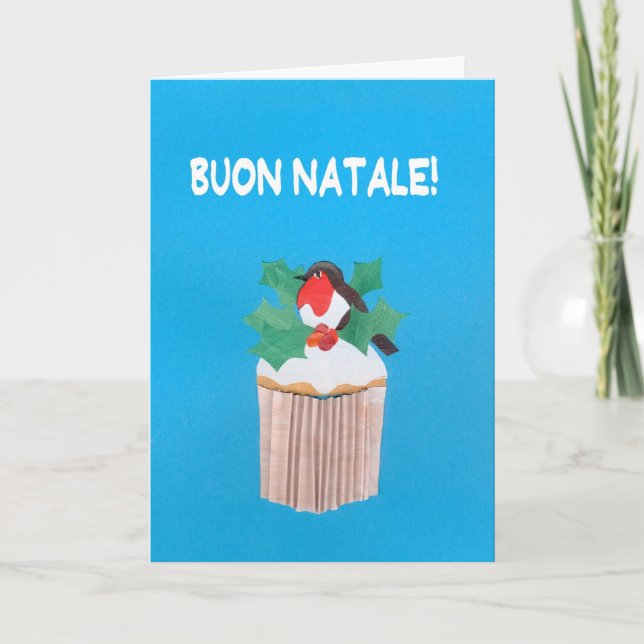 Cartão De Festividades Christmas Card, Italian, Cupcake with Robin (Frente)