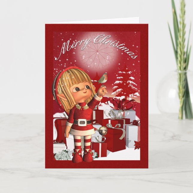 Cartão De Festividades Christmas Card With Cute Elf And Robin (Frente)