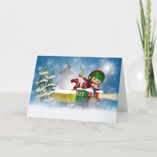 Cartão De Festividades Christmas card with cute little elf on train