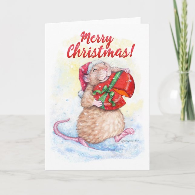 Cartão De Festividades Christmas Card with Cute Rat (Frente)
