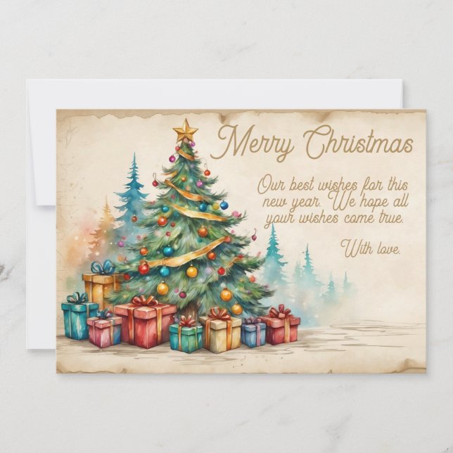 Cartão De Festividades Christmas Card With Decorated Tree and Gifts (Frente)