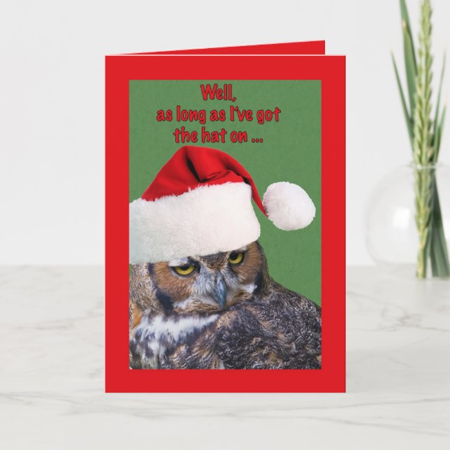 Cartão De Festividades Christmas Card with Owl and Santa Hat (Frente)