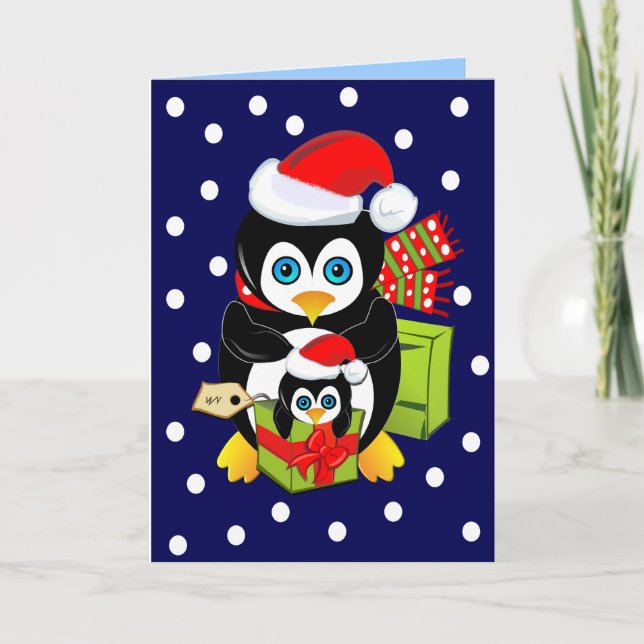 Cartão De Festividades Christmas Card with Penguins and Polkadots (Frente)