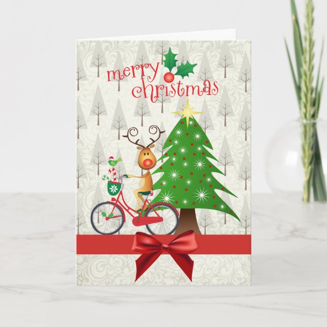 Cartão De Festividades Christmas Card with Reindeer on Bicycle (Frente)