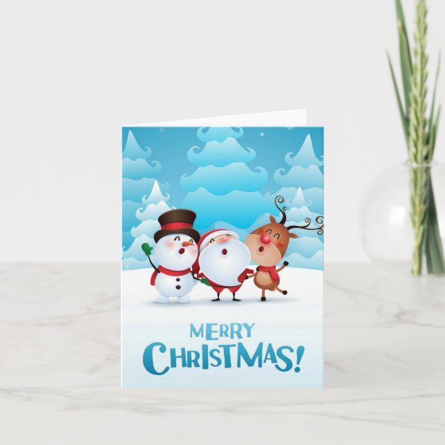 Cartão De Festividades Christmas card with Santa, snowman, and reindeer (Frente)