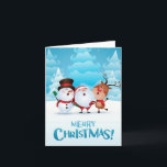 Cartão De Festividades Christmas card with Santa, snowman, and reindeer<br><div class="desc">Merry Christmas with Santa snowman and reindeer</div>