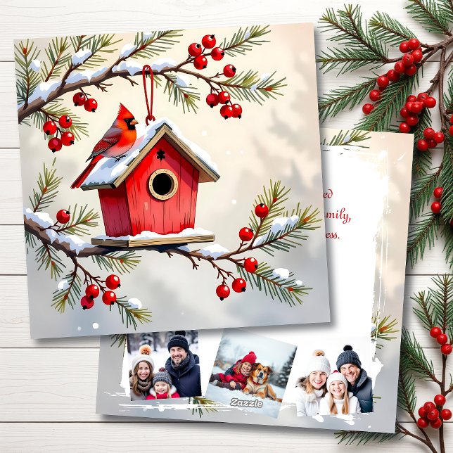 Cartão De Festividades Christmas Cardinal & Birdhouse Personalized  Photo (Criador carregado)