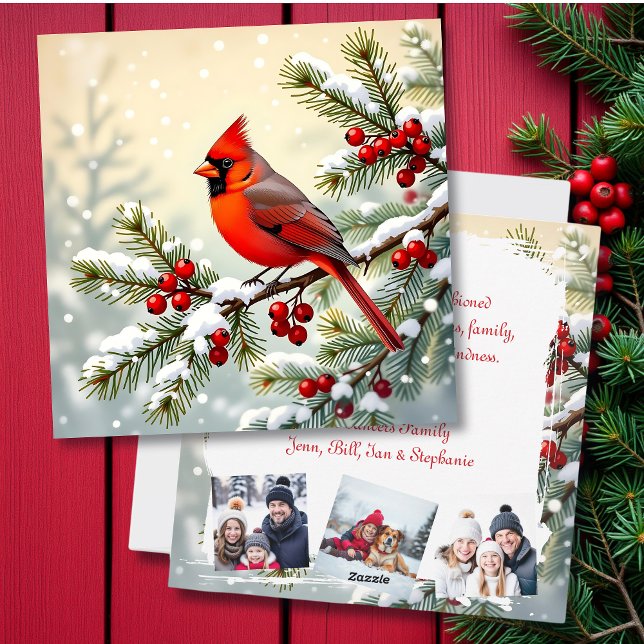 Cartão De Festividades Christmas Cardinal on Pine Personalized  Photo (Criador carregado)