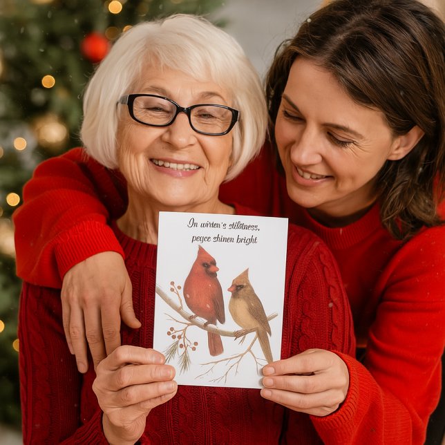Cartão De Festividades Christmas Cardinals Wildlife Holiday Card (A joyful grandmother proudly showing the cardinal card, with her daughter warmly embracing her. )