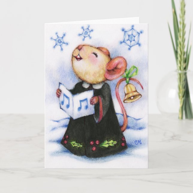Cartão De Festividades Christmas Caroling Mouse Singing Holiday Cute Card (Frente)