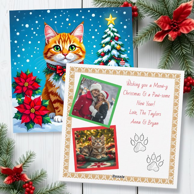 Cartão De Festividades Christmas Cat and Two Photo Template Holiday (Criador carregado)