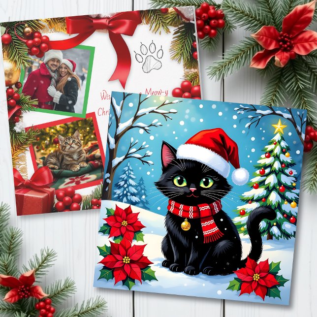 Cartão De Festividades Christmas Cat and Two Photo Template Holiday (Criador carregado)