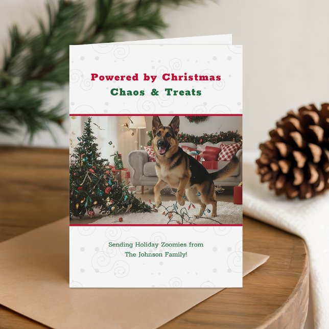 Cartão De Festividades Christmas Chaos and Treats Funny Dog photo Folded (Criador carregado)