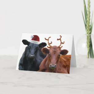 Cartão De Festividades Christmas Cows in Santa Hat and Antlers