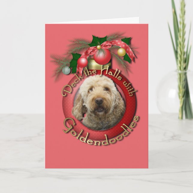 Cartão De Festividades Christmas - Deck the Halls - Goldendoodles (Frente)