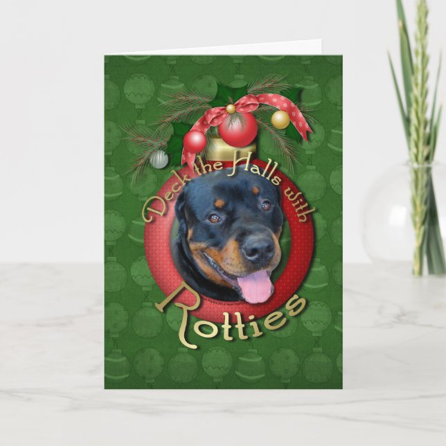 Cartão De Festividades Christmas - Deck the Halls - Rotties - Harley (Frente)
