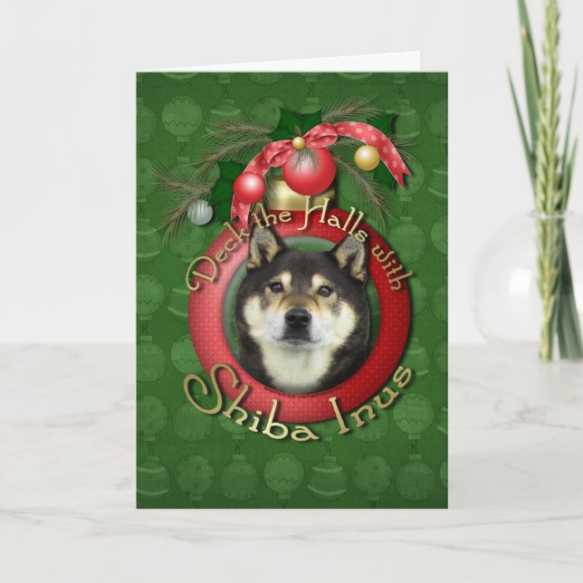 Cartão De Festividades Christmas - Deck the Halls - Shiba Inus - Yasha (Frente)
