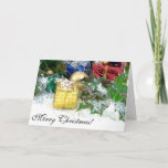 Cartão De Festividades Christmas Decor Greetings<br><div class="desc">Colorful gift boxes,  Christmas bulbs and holly,  sprinkled with artificial snow. Enameled effect creates a prismatic sheen. Easy to change text so you can say what you want!</div>