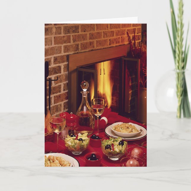 Cartão De Festividades Christmas Dinner Holiday Table Cozy Fireplace (Frente)