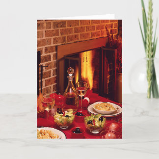 Cartão De Festividades Christmas Dinner Holiday Table Cozy Fireplace